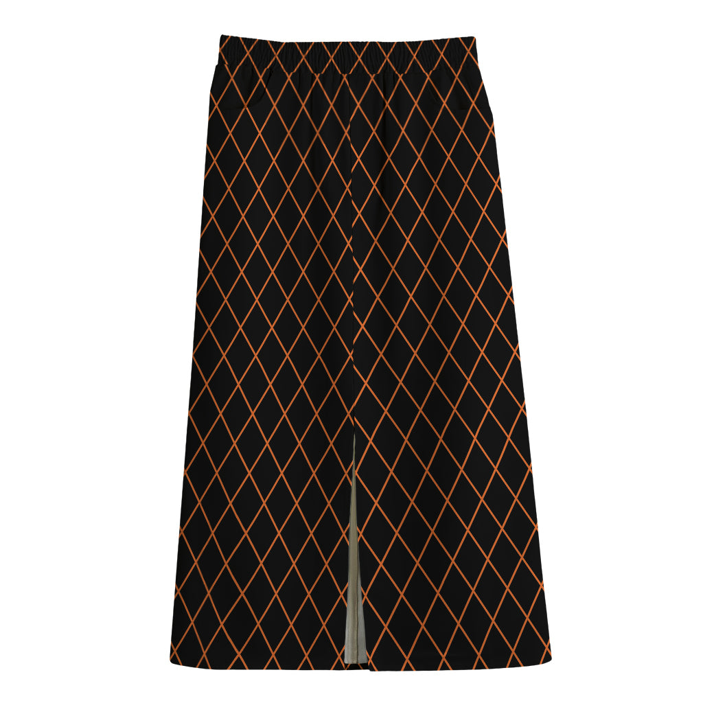 Black And Orange Harlequin Print Cotton Front Slit Maxi Skirt