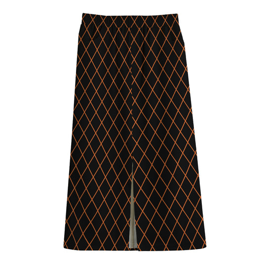 Black And Orange Harlequin Print Cotton Front Slit Maxi Skirt