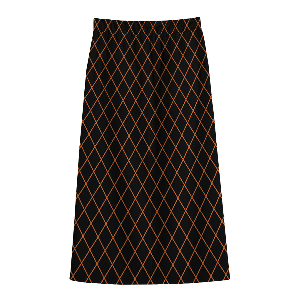 Black And Orange Harlequin Print Cotton Front Slit Maxi Skirt