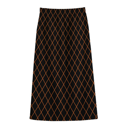 Black And Orange Harlequin Print Cotton Front Slit Maxi Skirt