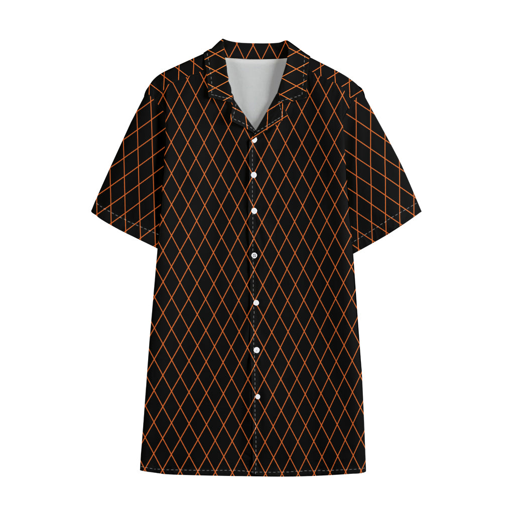 Black And Orange Harlequin Print Cotton Hawaiian Shirt