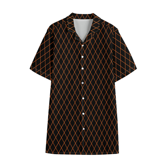 Black And Orange Harlequin Print Cotton Hawaiian Shirt