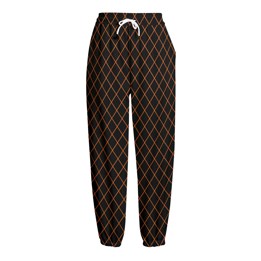 Black And Orange Harlequin Print Fleece Lined Knit Pants
