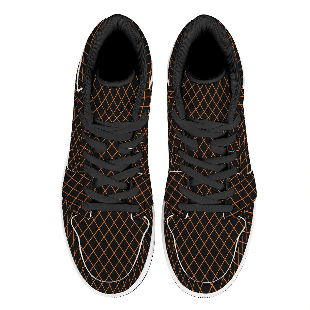 Black And Orange Harlequin Print High Top Leather Sneakers