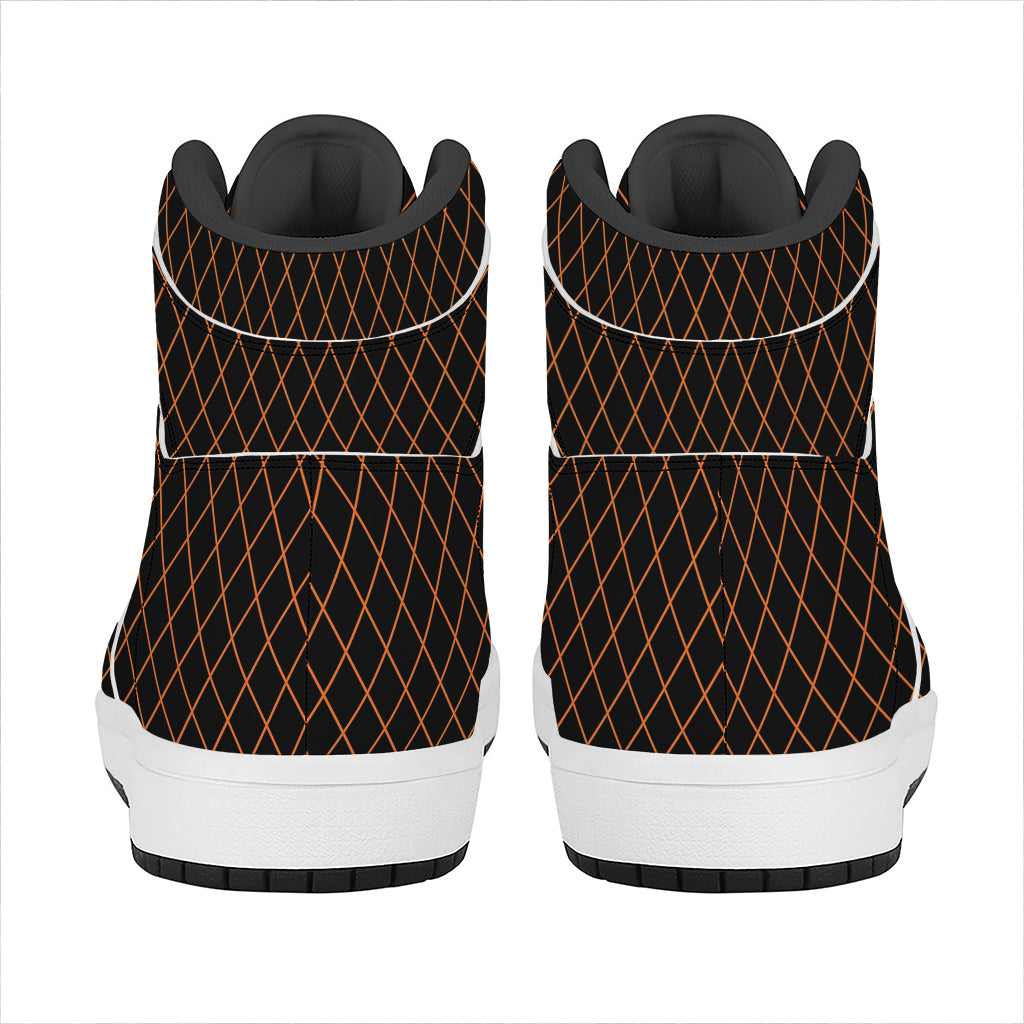 Black And Orange Harlequin Print High Top Leather Sneakers