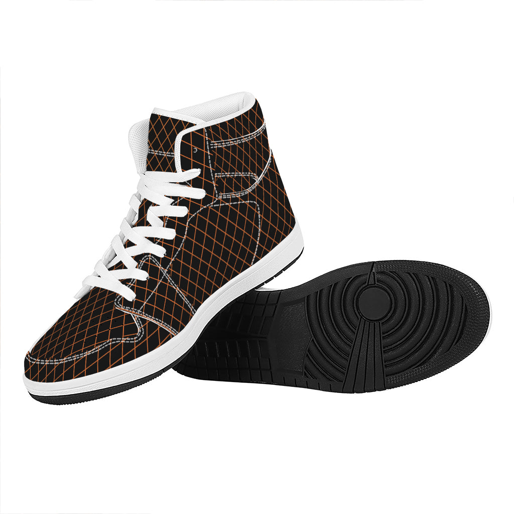 Black And Orange Harlequin Print High Top Leather Sneakers
