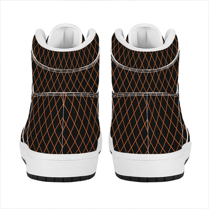 Black And Orange Harlequin Print High Top Leather Sneakers