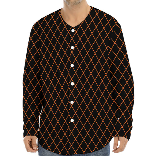 Black And Orange Harlequin Print Long Sleeve Baseball Jersey