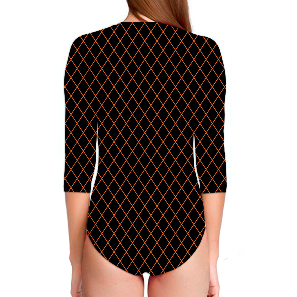 Black And Orange Harlequin Print Long Sleeve Swimsuit