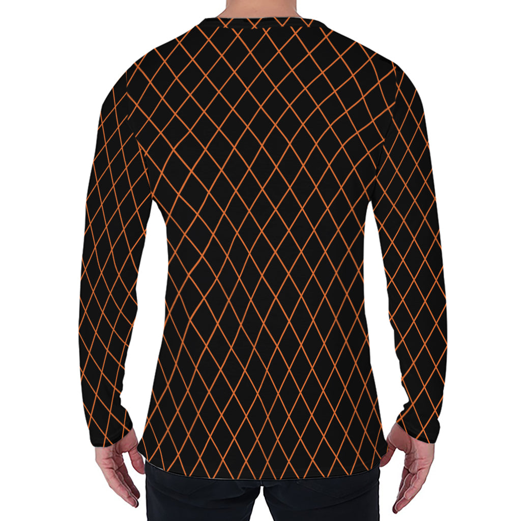 Black And Orange Harlequin Print Men's Long Sleeve T-Shirt
