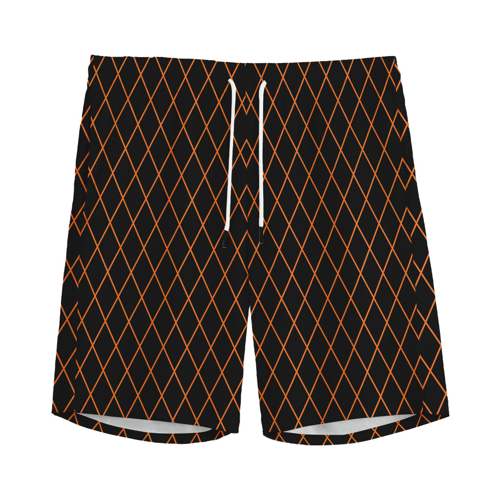 Black And Orange Harlequin Print Men's Sports Shorts