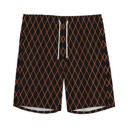 Black And Orange Harlequin Print Men's Sports Shorts