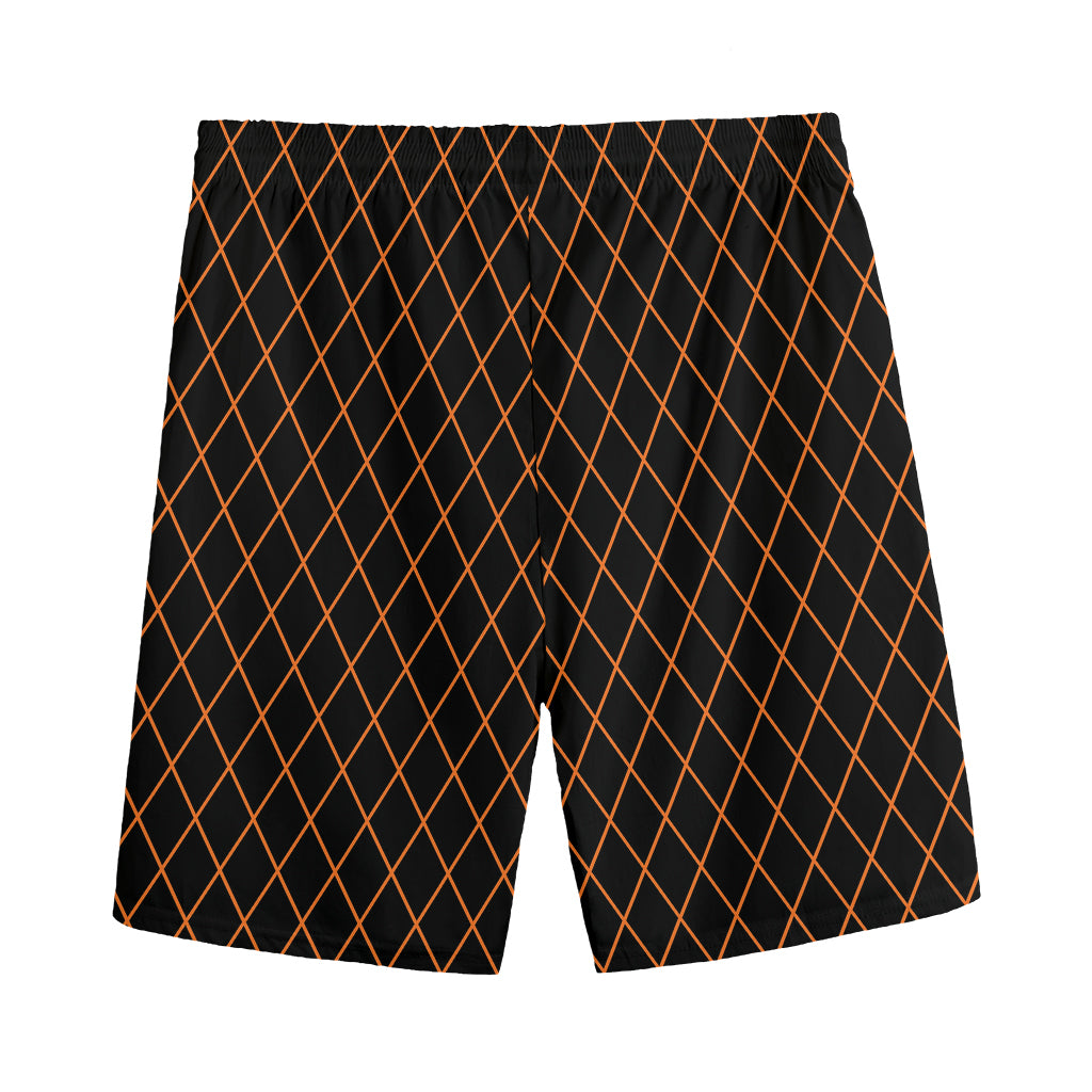 Black And Orange Harlequin Print Men's Sports Shorts