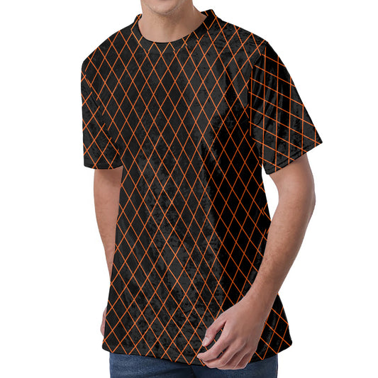 Black And Orange Harlequin Print Men's Velvet T-Shirt