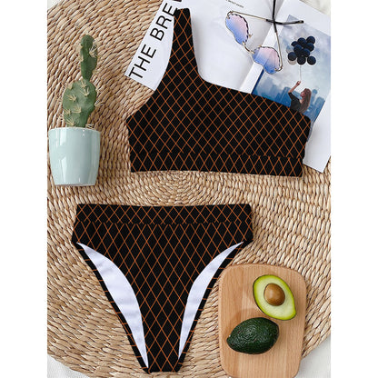 Black And Orange Harlequin Print One Shoulder Bikini Top