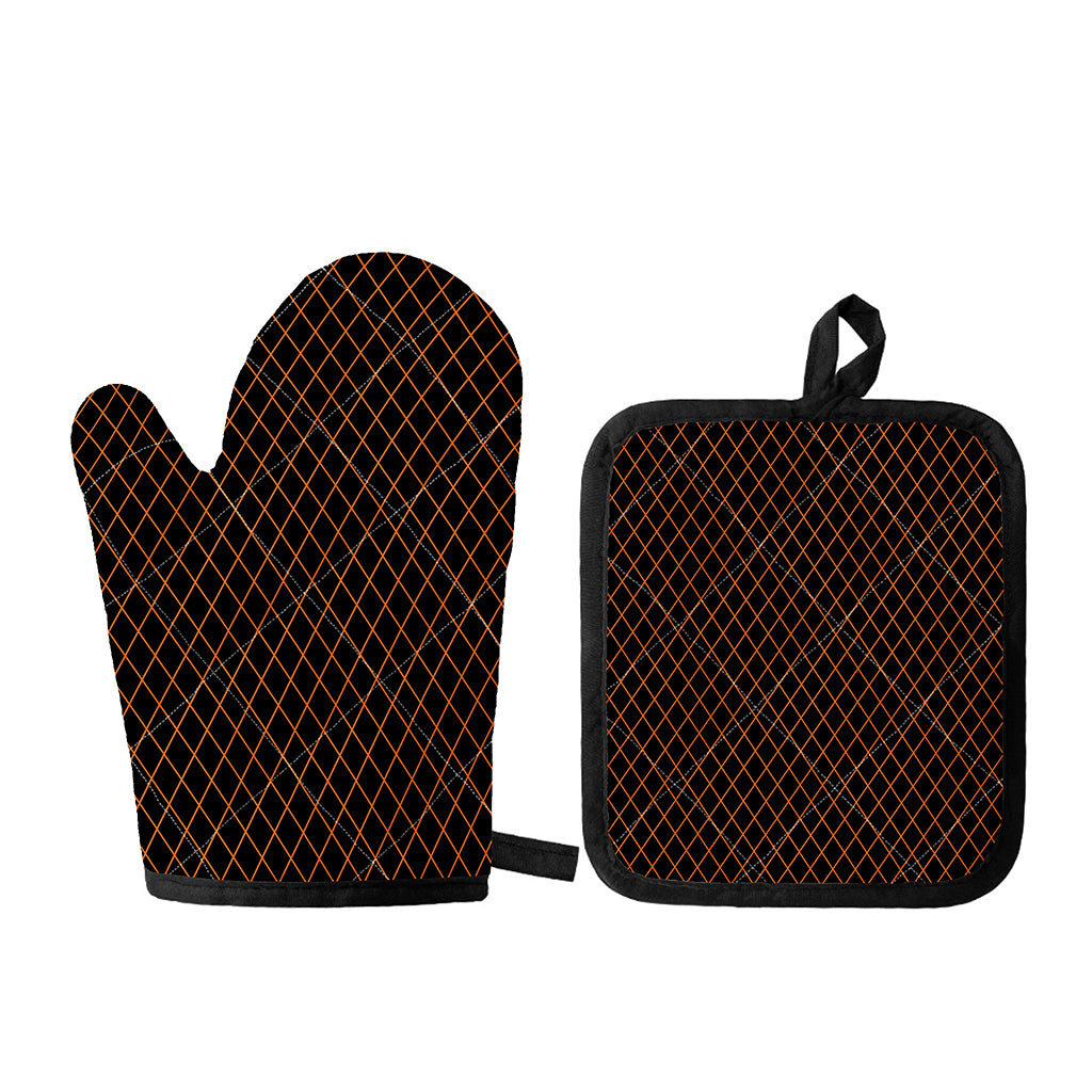 Black And Orange Harlequin Print Oven Mitt And Pot Holder Set