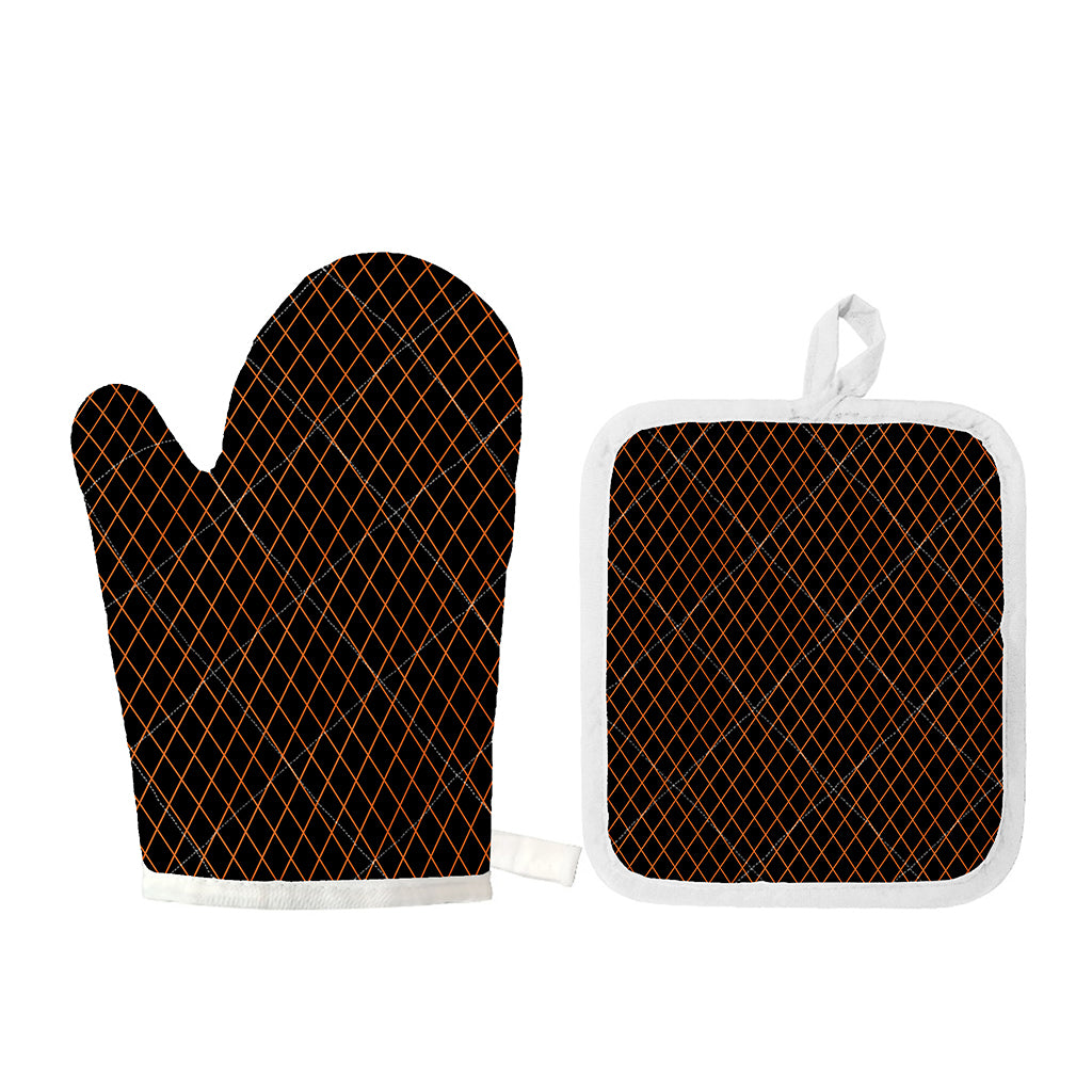 Black And Orange Harlequin Print Oven Mitt And Pot Holder Set