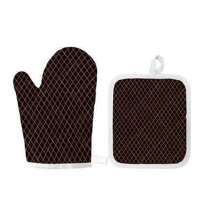 Black And Orange Harlequin Print Oven Mitt And Pot Holder Set