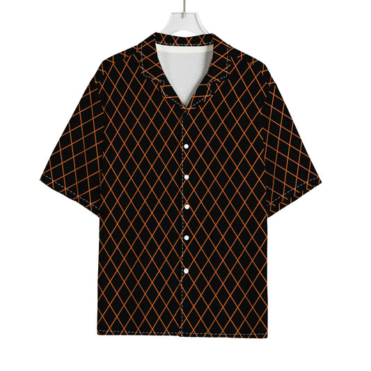 Black And Orange Harlequin Print Rayon Hawaiian Shirt