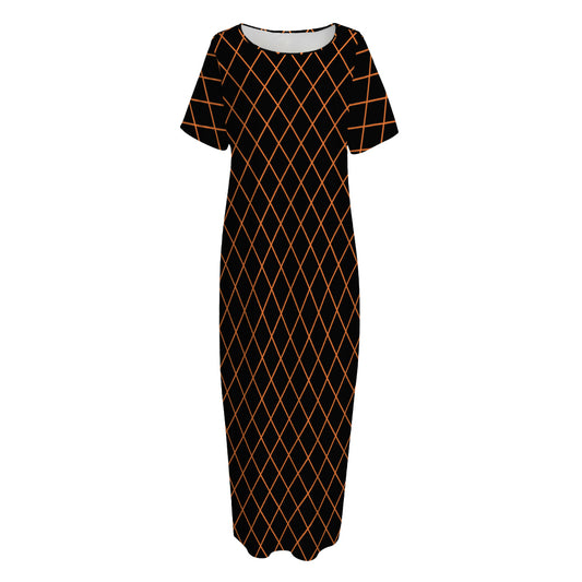 Black And Orange Harlequin Print Short Sleeve Long Nightdress
