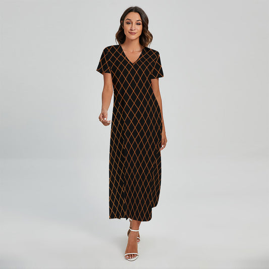 Black And Orange Harlequin Print Short Sleeve Maxi Dress