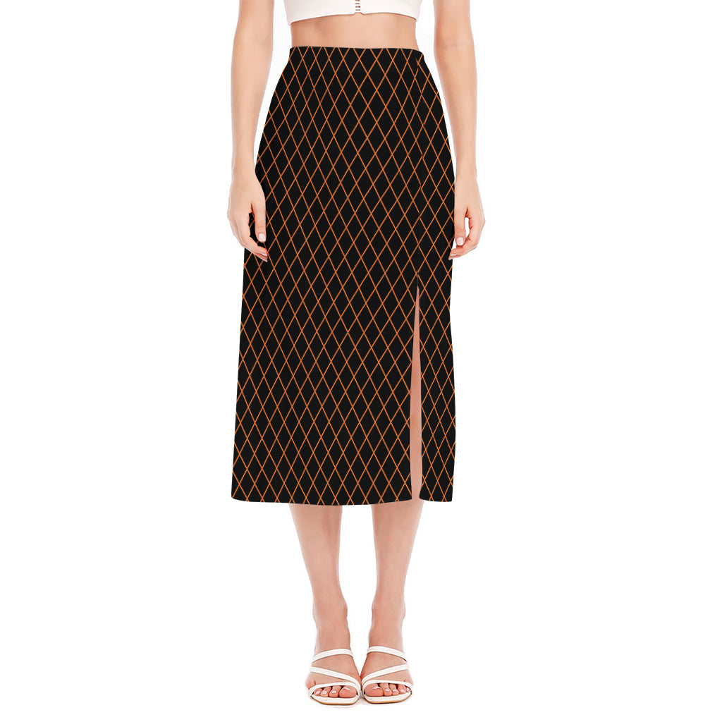 Black And Orange Harlequin Print Side Slit Midi Skirt