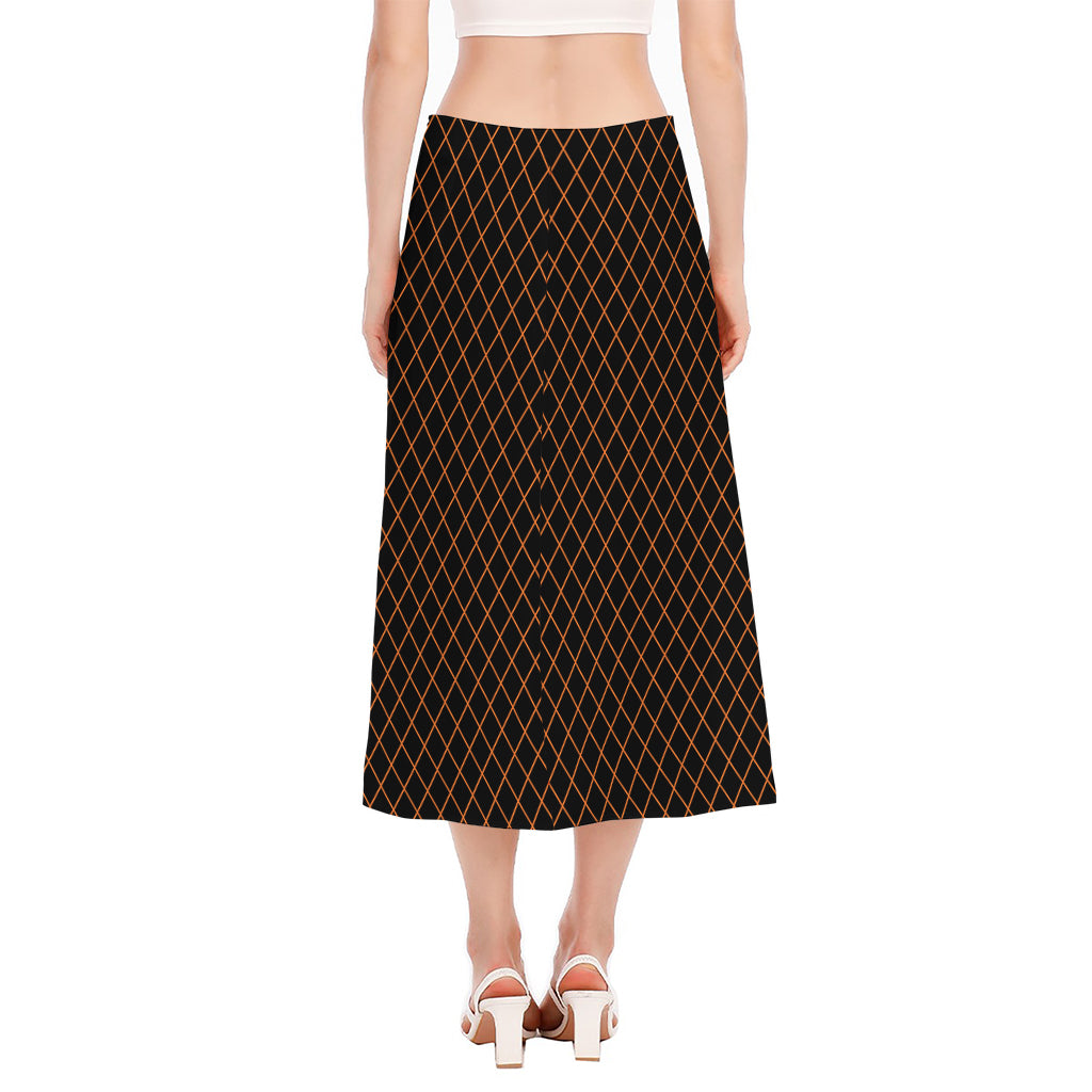 Black And Orange Harlequin Print Side Slit Midi Skirt
