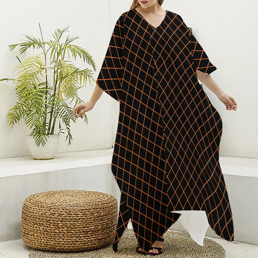 Black And Orange Harlequin Print Silk V-Neck Kaftan Dress