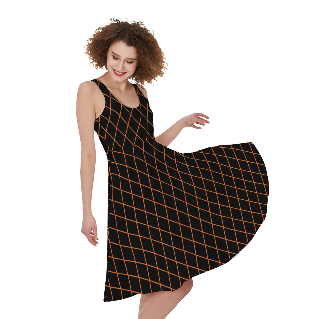 Black And Orange Harlequin Print Women's Sleeveless Dress