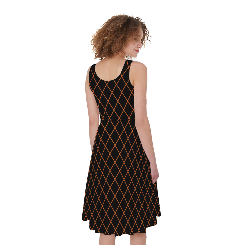 Black And Orange Harlequin Print Women's Sleeveless Dress
