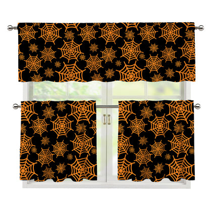 Black And Orange Spider Web Print 3 Piece Kitchen Curtains