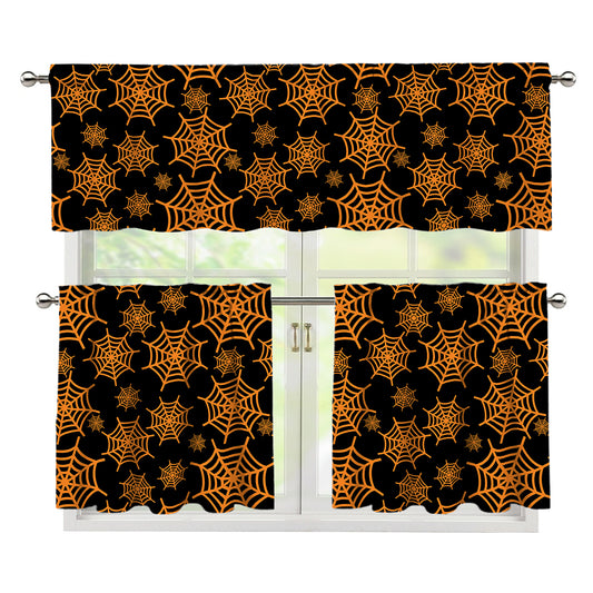 Black And Orange Spider Web Print 3 Piece Kitchen Curtains