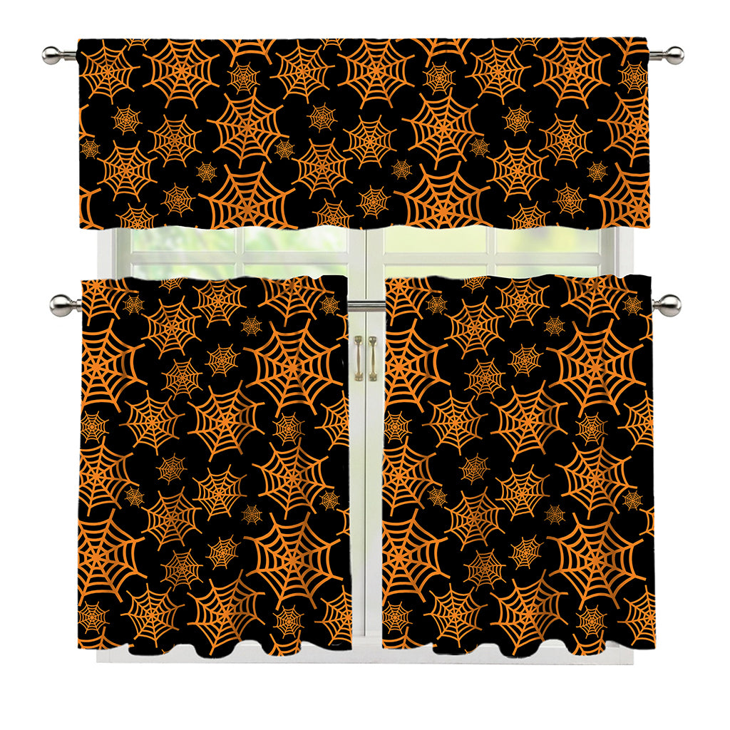 Black And Orange Spider Web Print 3 Piece Kitchen Curtains