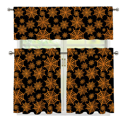 Black And Orange Spider Web Print 3 Piece Kitchen Curtains