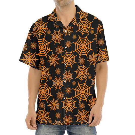 Black And Orange Spider Web Print Aloha Shirt