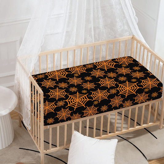 Black And Orange Spider Web Print Baby Crib Sheet