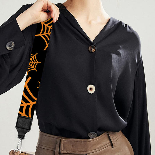 Black And Orange Spider Web Print Bag Strap