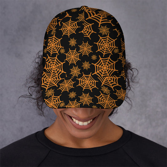 Black And Orange Spider Web Print Baseball Cap