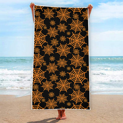 Black And Orange Spider Web Print Beach Towel