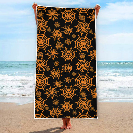Black And Orange Spider Web Print Beach Towel