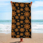 Black And Orange Spider Web Print Beach Towel
