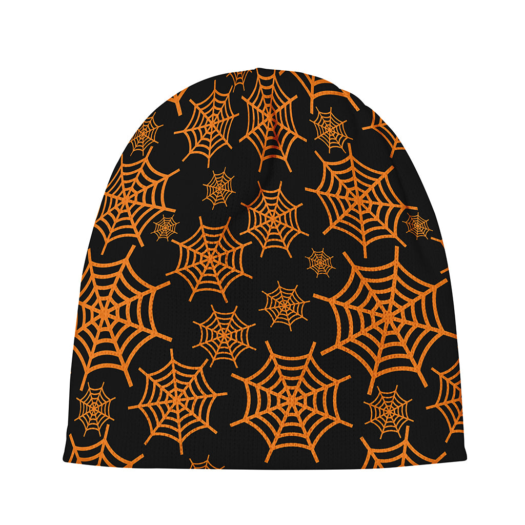 Black And Orange Spider Web Print Beanie
