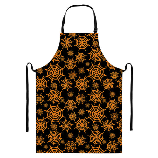 Black And Orange Spider Web Print Bib Apron With Pocket