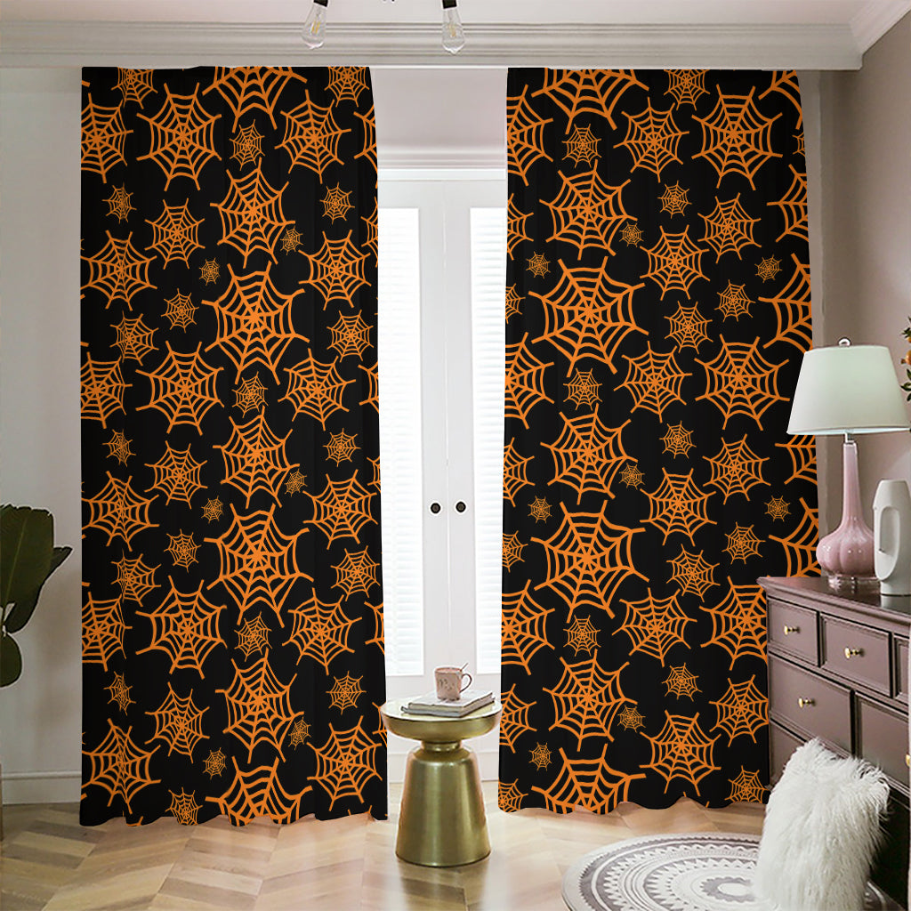 Black And Orange Spider Web Print Blackout Pencil Pleat Curtains
