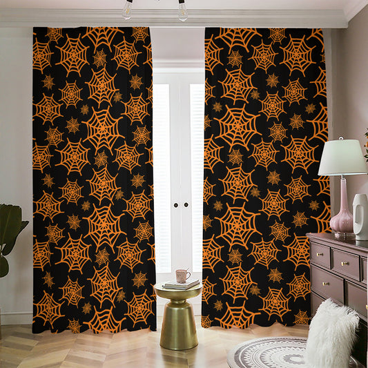 Black And Orange Spider Web Print Blackout Pencil Pleat Curtains