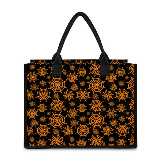 Black And Orange Spider Web Print Canvas Tote Bag