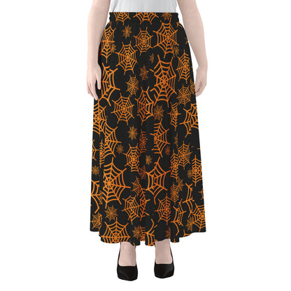 Black And Orange Spider Web Print Chiffon Maxi Skirt