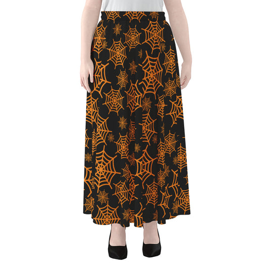 Black And Orange Spider Web Print Chiffon Maxi Skirt