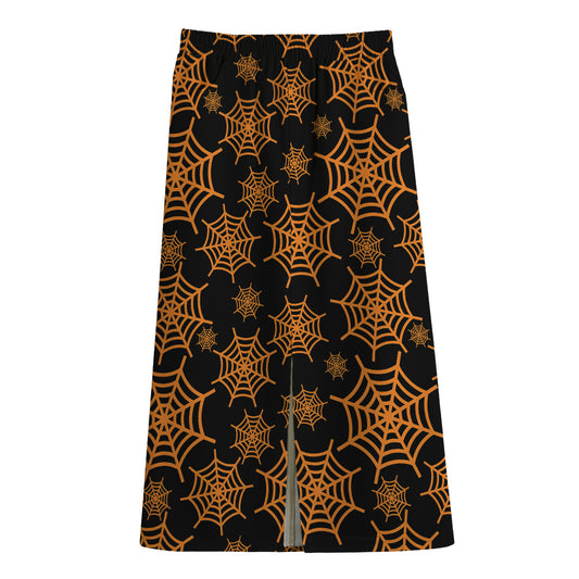 Black And Orange Spider Web Print Cotton Front Slit Maxi Skirt