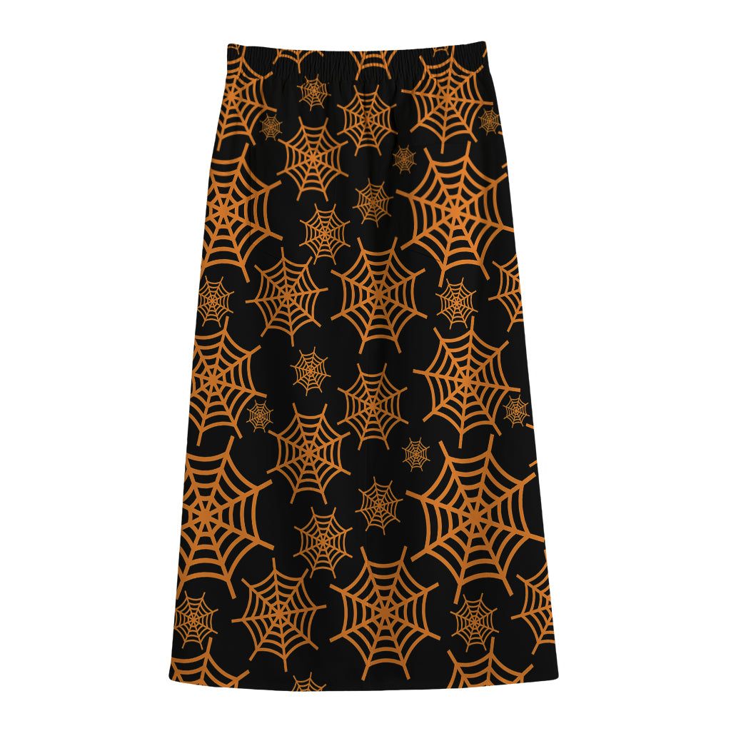 Black And Orange Spider Web Print Cotton Front Slit Maxi Skirt